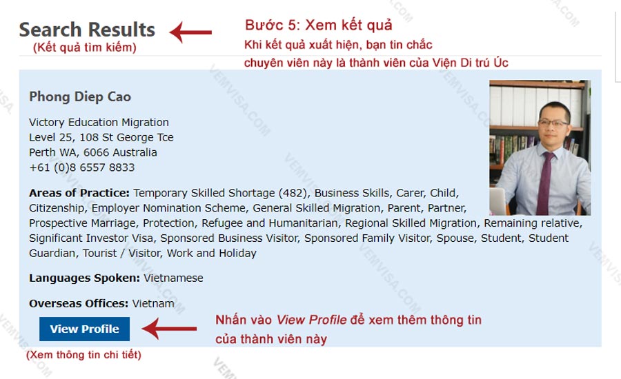 Tra cứu thành viên MIA bước 5 xem kết quả hiển thị và nhấn xem thông tin chi tiết của thành viên Viện Di trú Úc