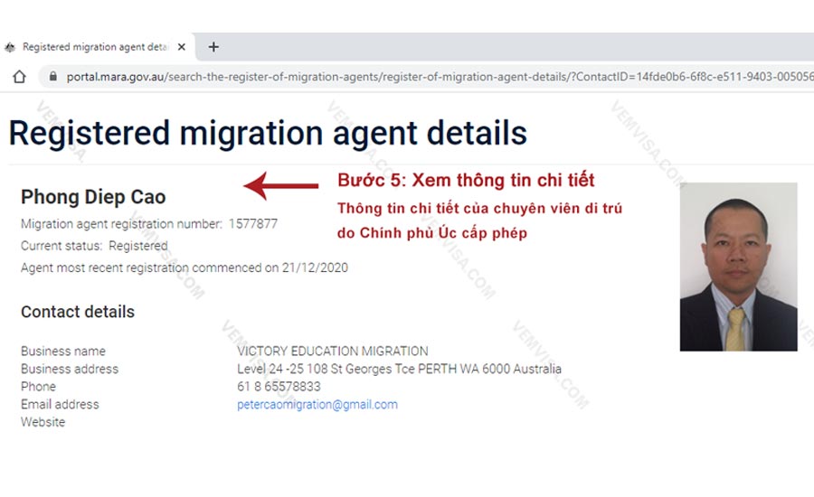 Xác minh giấy phép MARA bước 5 xem thông tin chi tiết của chuyên viên di trú