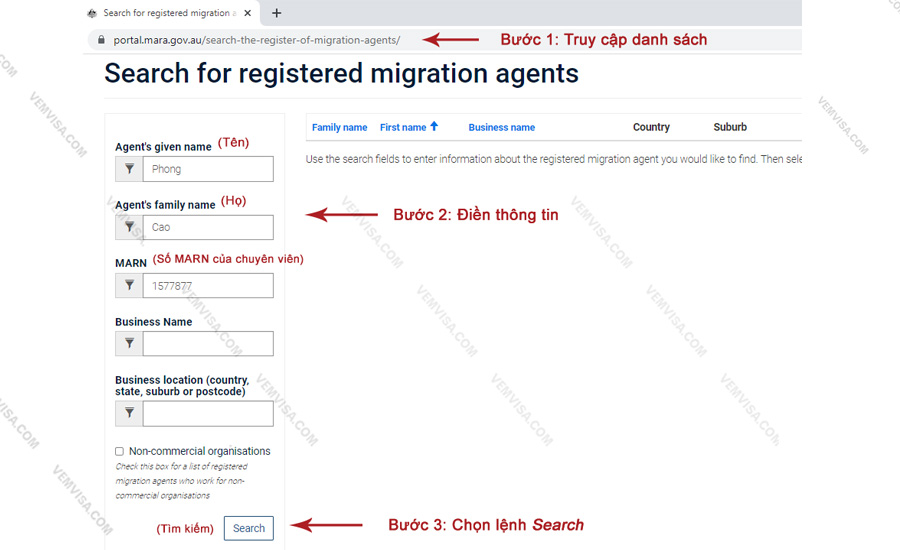 Xác minh giấy phép MARA bước 3 chọn lệnh Search