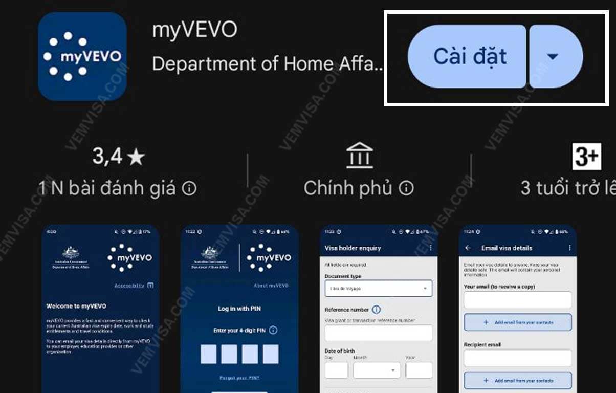 cài đặt app myvevo để tra cứu visa úc