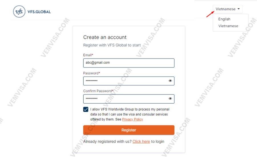 Bước 1 đăng ký tài khoản VFS Global