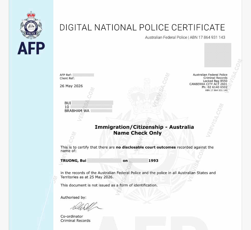 AFP National Police Certificate granted for visa evidence