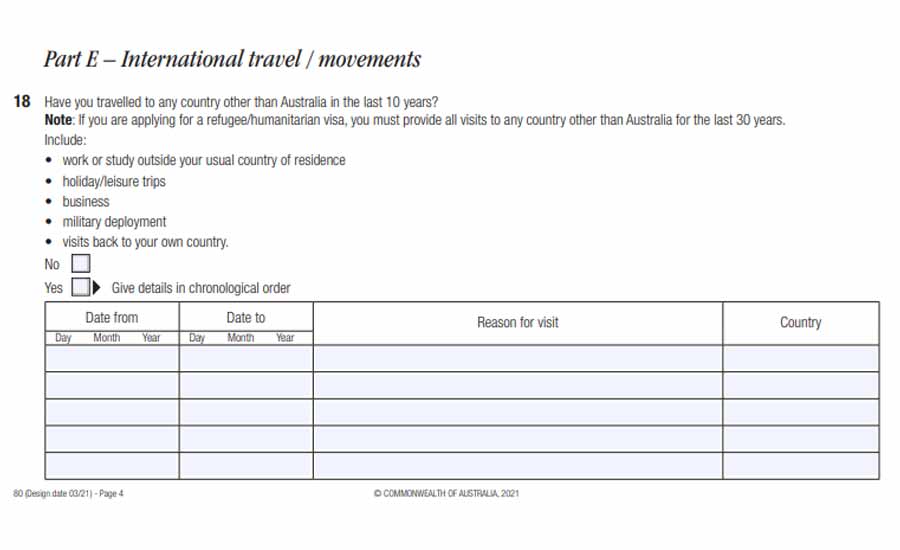 How to record international travel history in Part E of Form 80