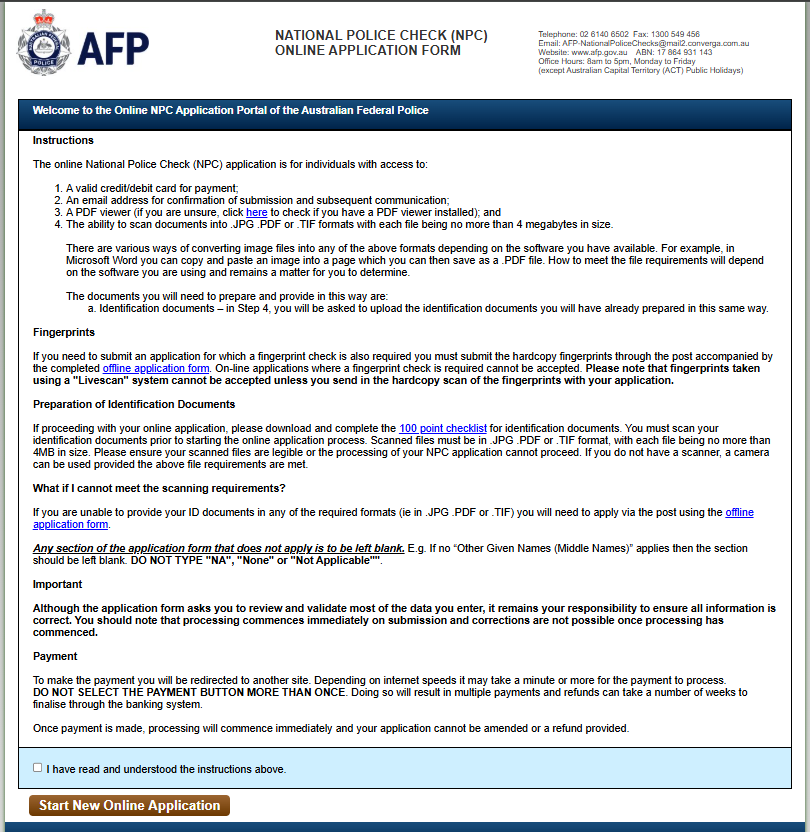 Step 1 of AFP police check application