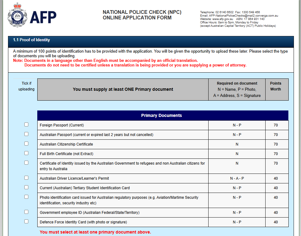 Step 2 of AFP police check application