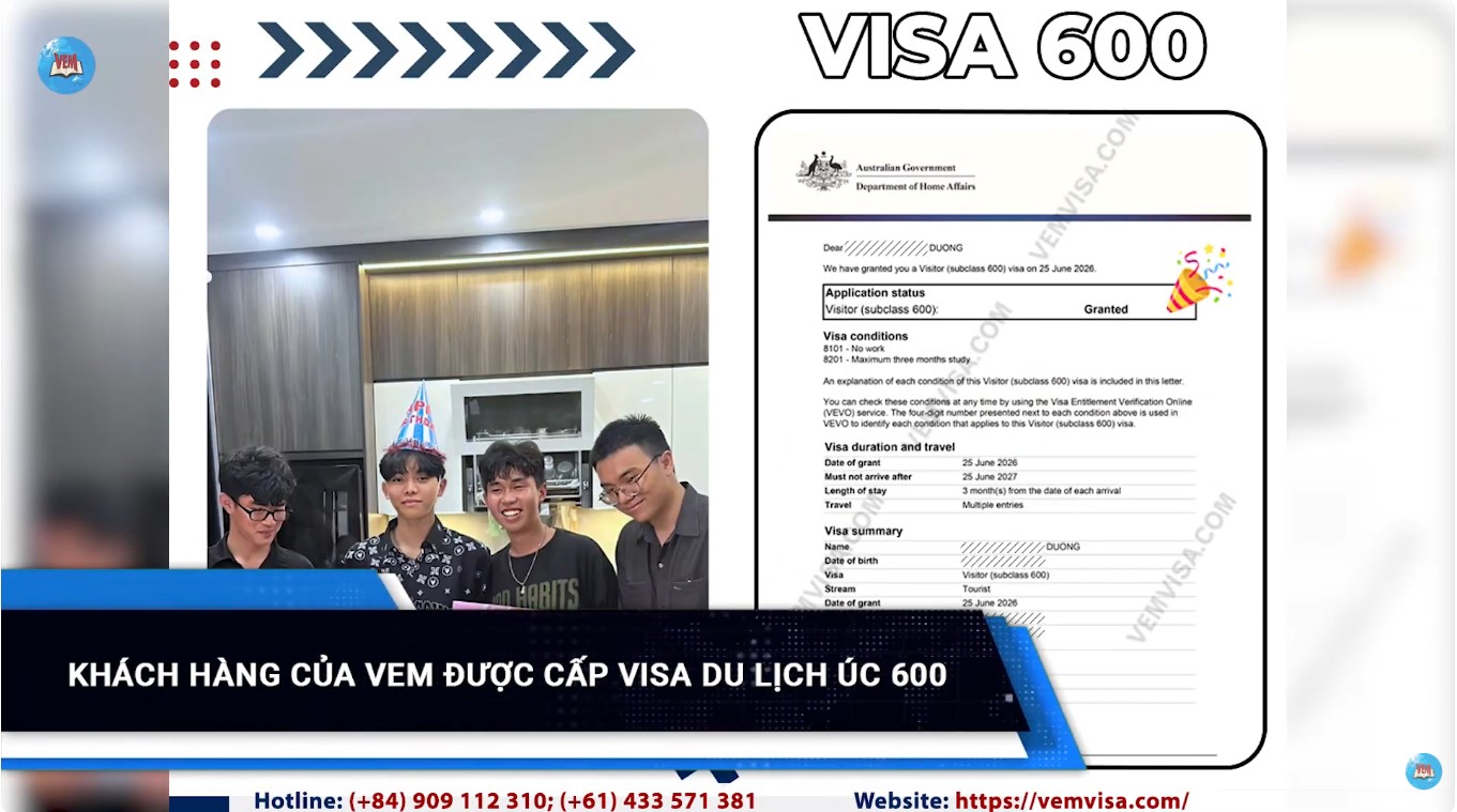 Khách hàng của VEM được cấp visa du lịch Úc (subclass 600)