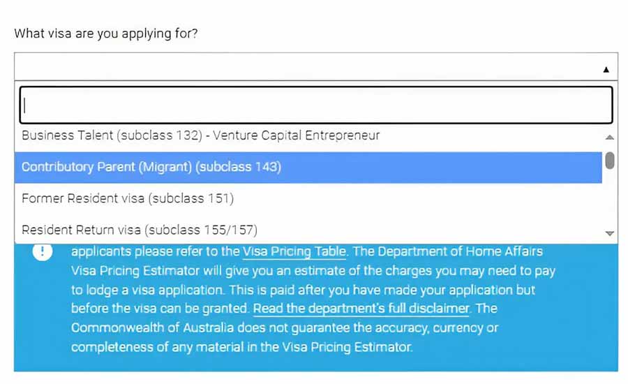 Selecting a visa in the Australia Visa Price Estimator