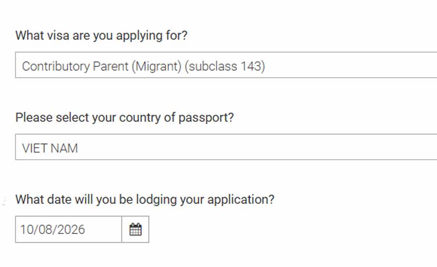 Passport country and lodgement date fields in the Visa Price Estimator