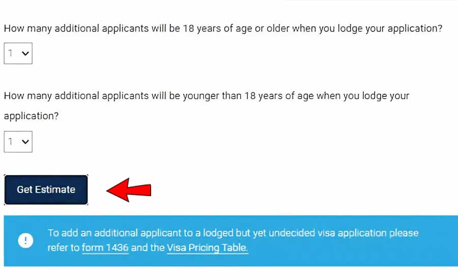 Additional applicant fields and Get Estimate button in the visa fee estimator