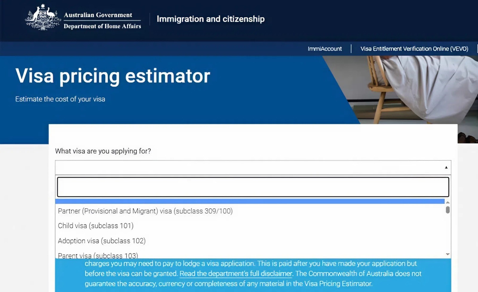 Australia Visa Pricing Estimator on the Department of Home Affairs website
