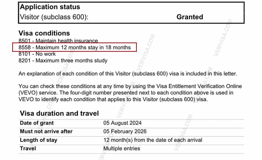 what does visa condition 8558
